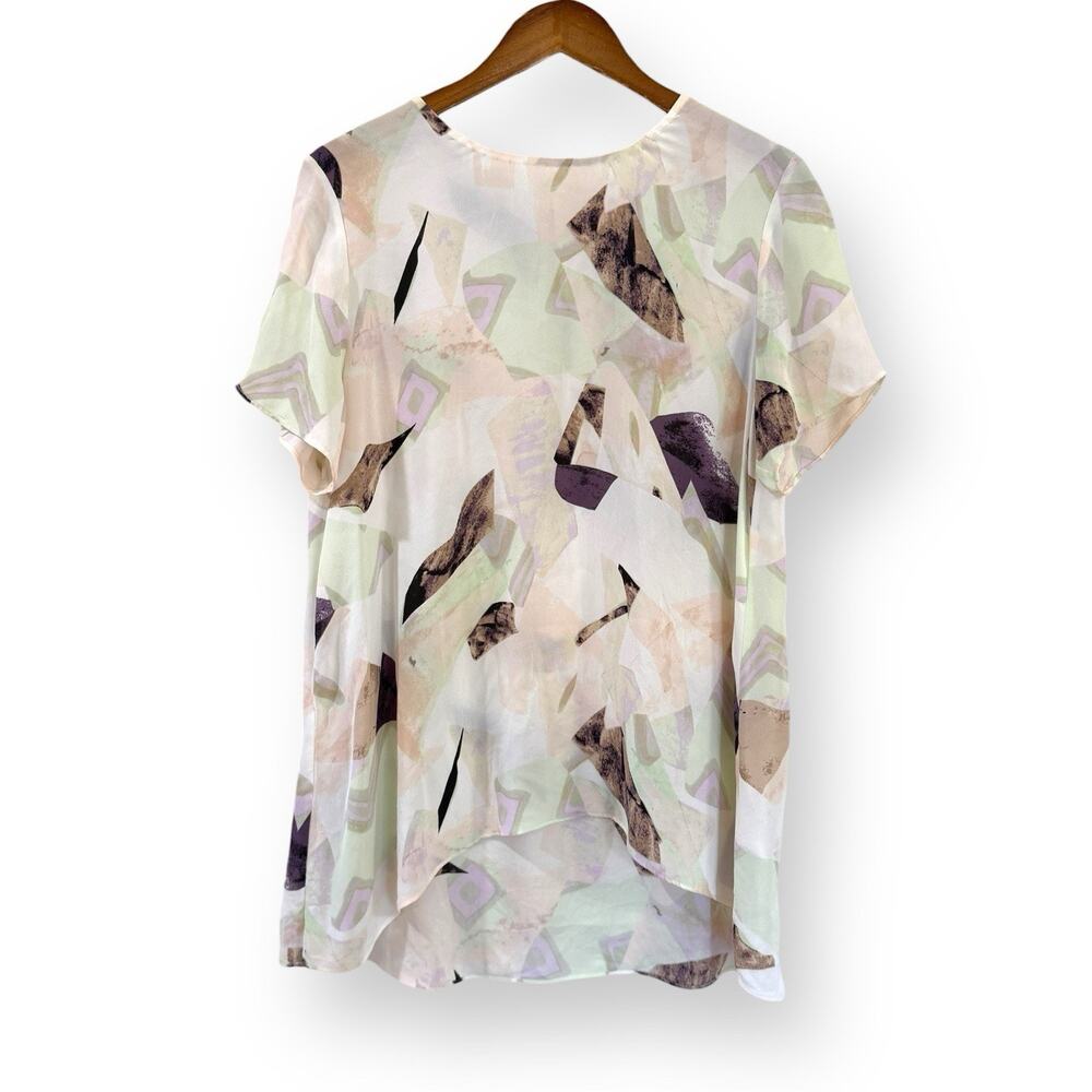 Aritzia Wilfred 100% Silk Tunic Abstract Print Beige Short Sleeve Womens Size L